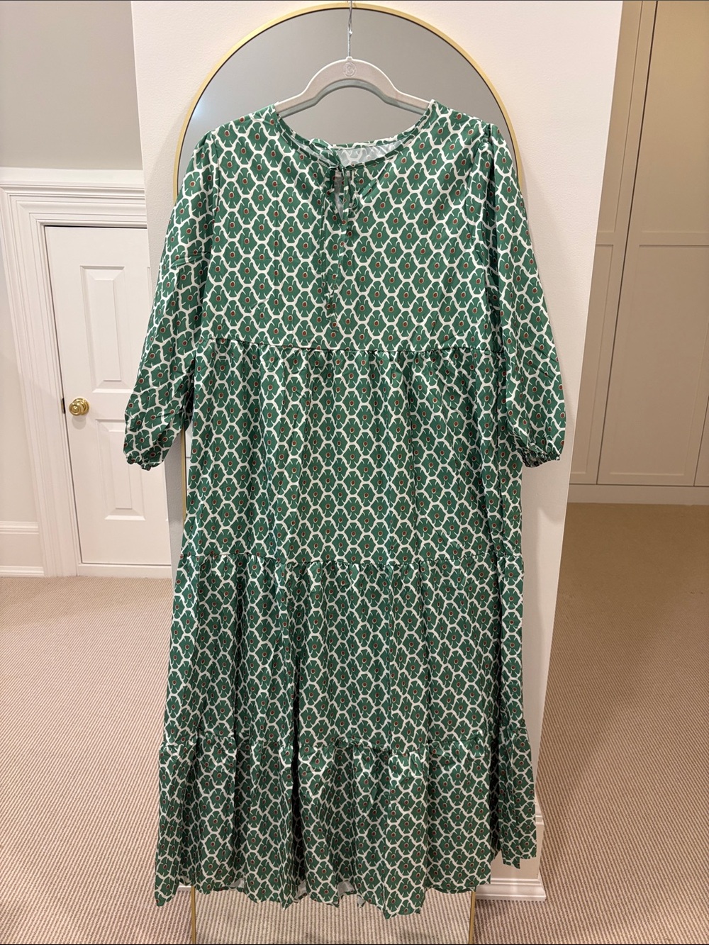 Green Patterned Women’s Tiered Midi Dress